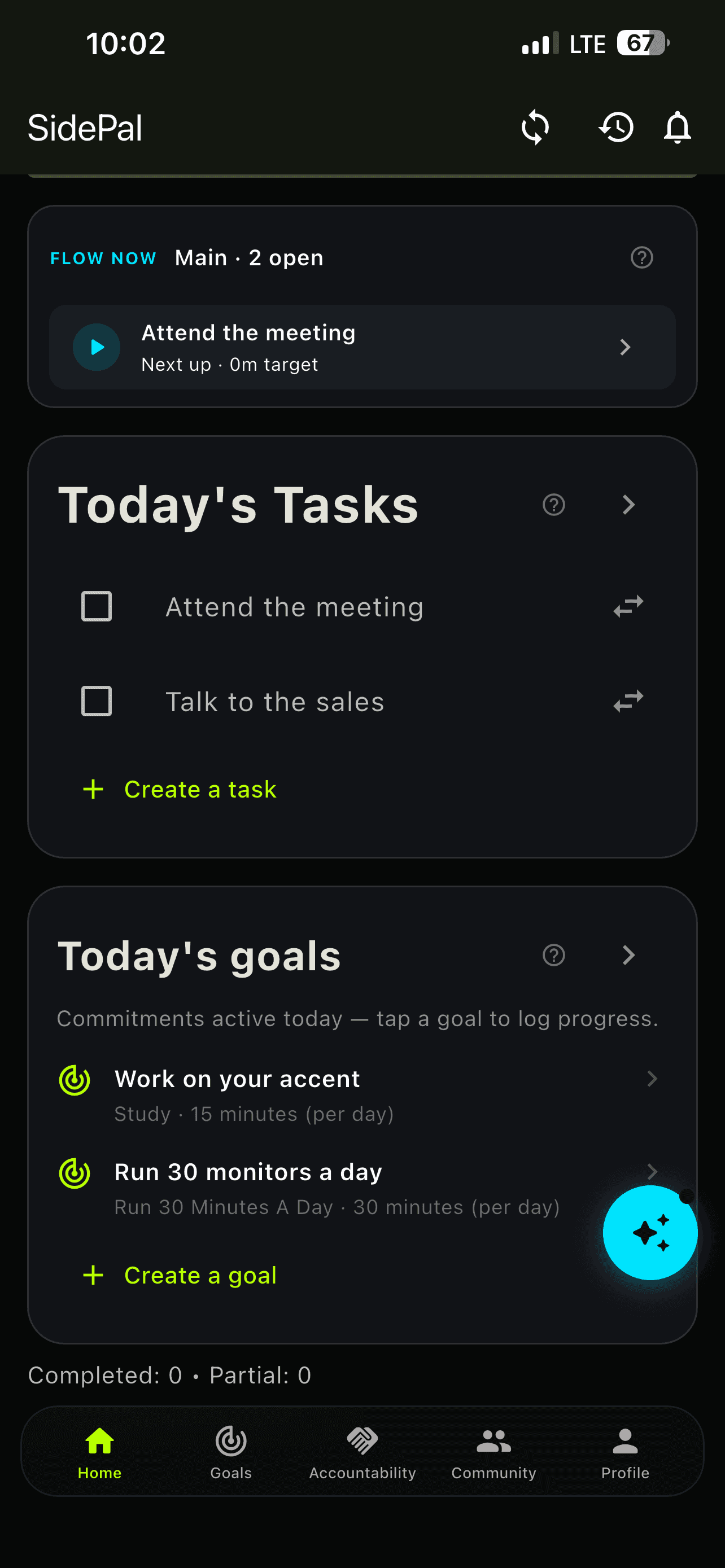 SidePal's home screen, showing the day's tasks and the goals active today