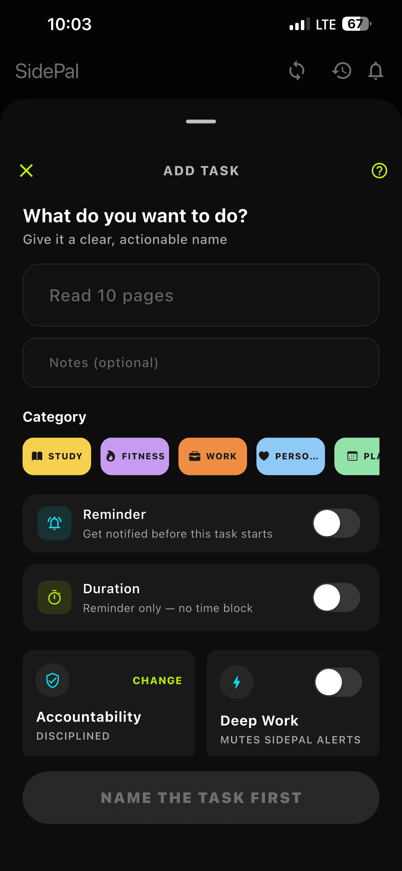 SidePal's add-task sheet, with categories, reminder and duration toggles, and a deep-work option