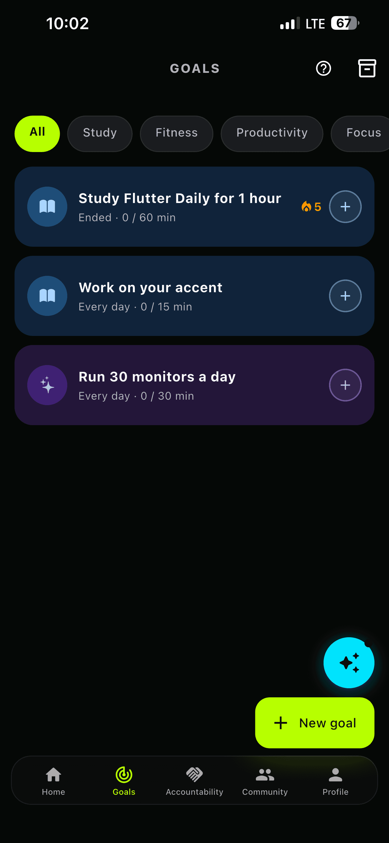 SidePal's Goals tab, listing goals by category with a daily target on each